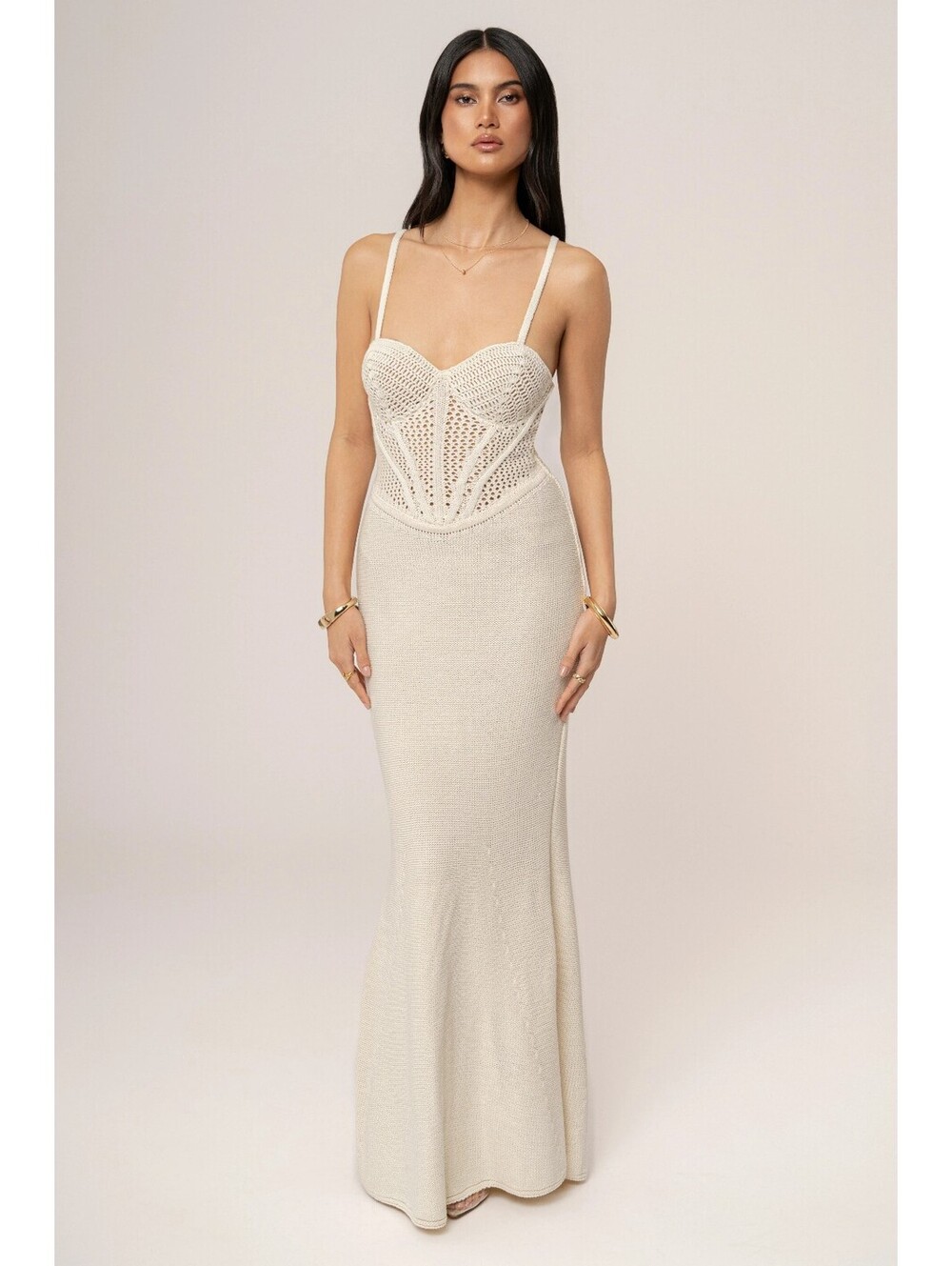 JLUXLABEL Melani Crochet Lace-Up Maxi Sweater Dress Cream XS NWOT
